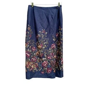 Vintage Floral Pheasant Wrap Midi Skirt 12 Blue Heritage Bird Polo Dark Academia